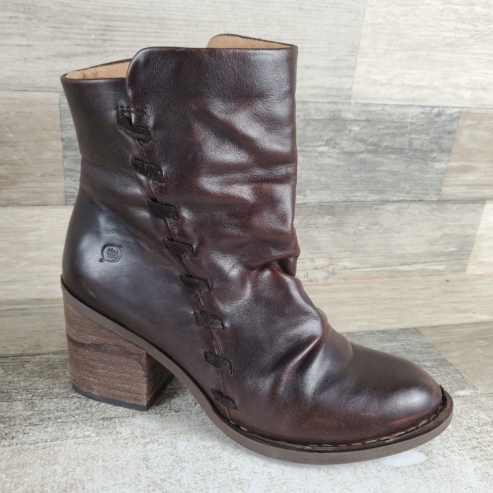 Born Toni Womens Ankle Boots Sz‎ 6 M Dark Brown Side Zip Round Toe Block Heel